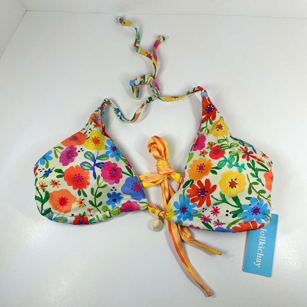 Jollkichay Floral Triangle Bikini Top XL Multicolor Cowrie Shell Halter Swimwear